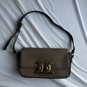 H&M Shoulder Bag Tweed Effect Houndstooth Brown Black Baguette Gold Buckle